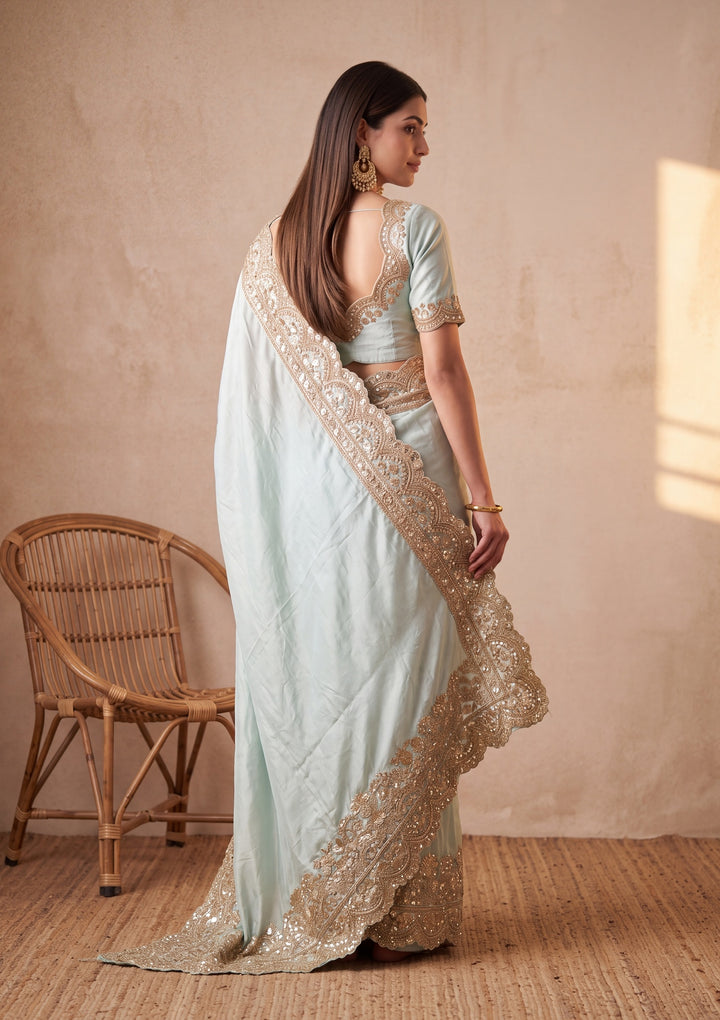 Sea Green Tissue Sequins Saree With Matching Blouse Piece