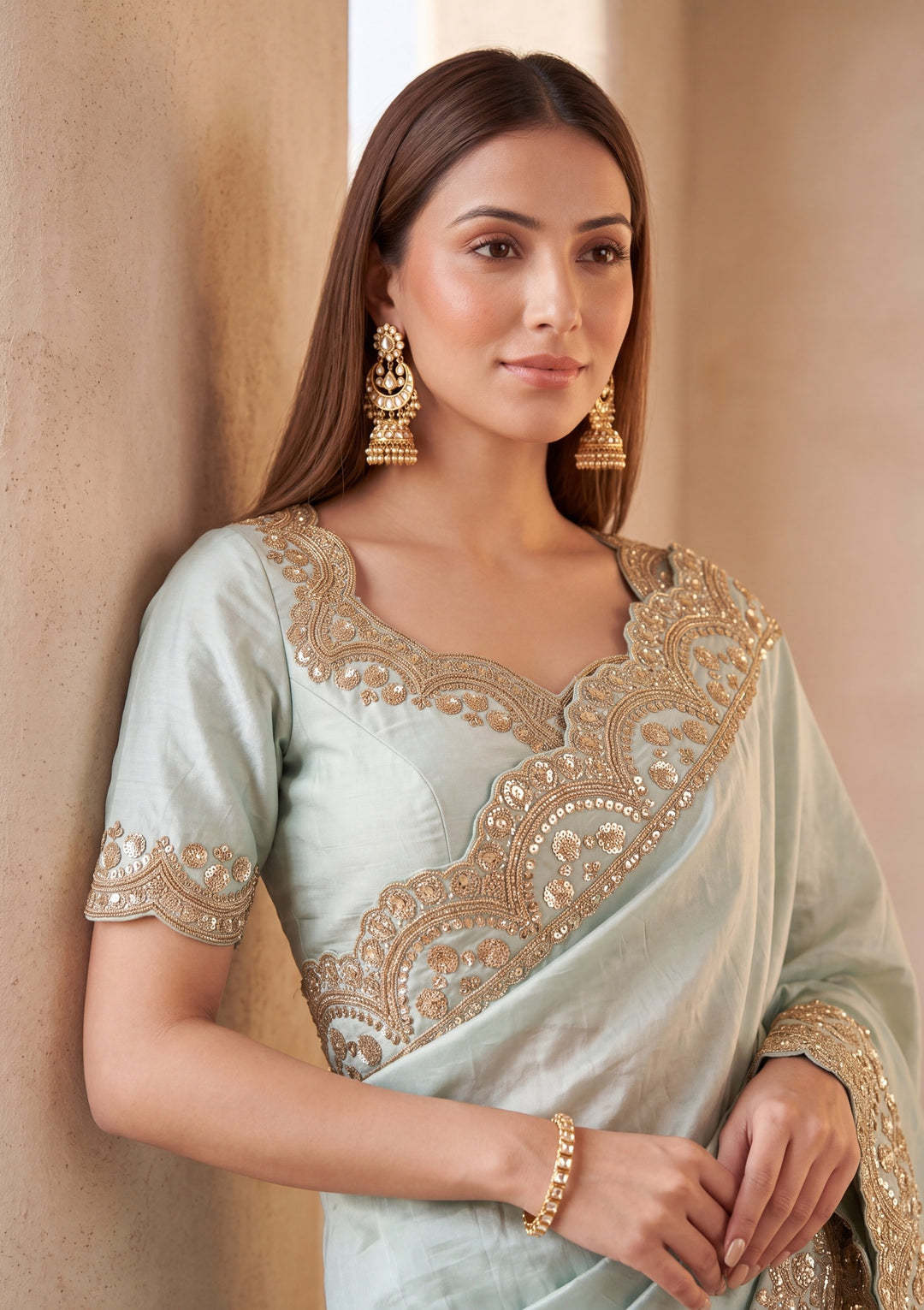 Sea Green Tissue Sequins Saree With Matching Blouse Piece