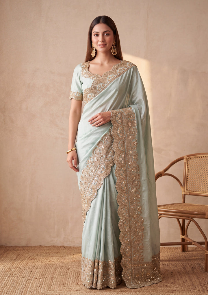 Sea Green Tissue Sequins Saree With Matching Blouse Piece