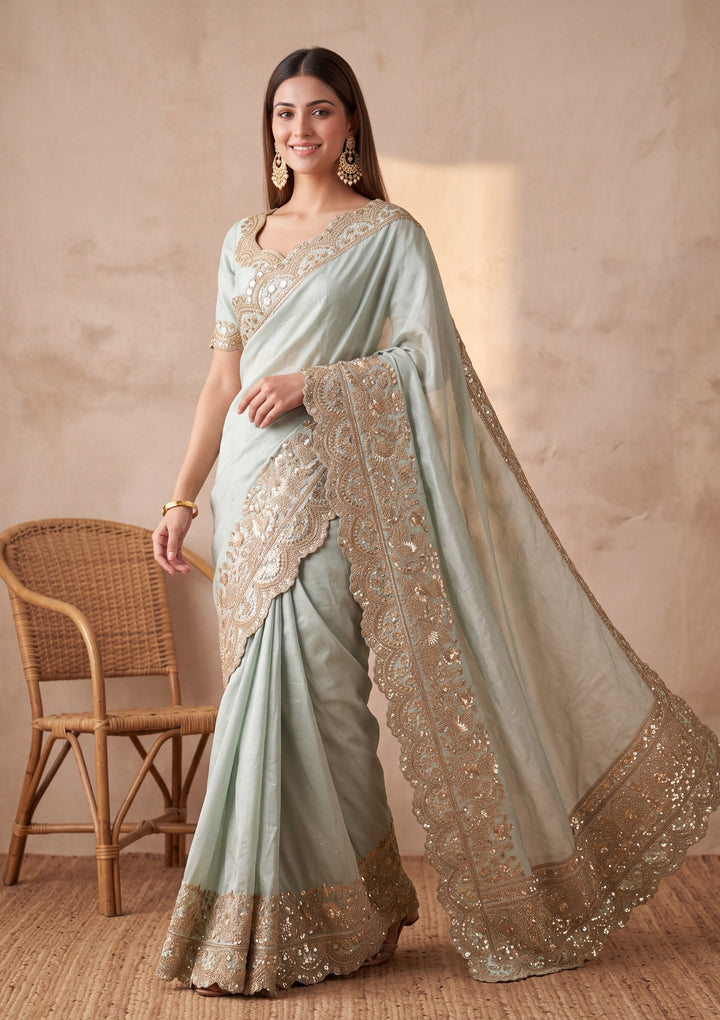 Sea Green Tissue Sequins Saree With Matching Blouse Piece