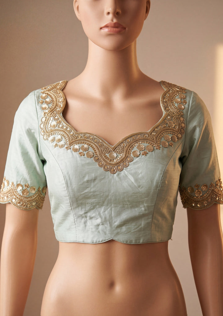 Sea Green Tissue Sequins Saree With Matching Blouse Piece