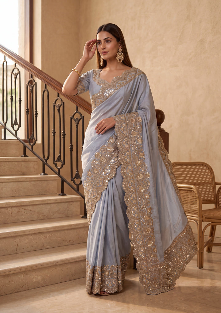 Sky Blue Crepe Sequins Saree With Matching Blouse Piece