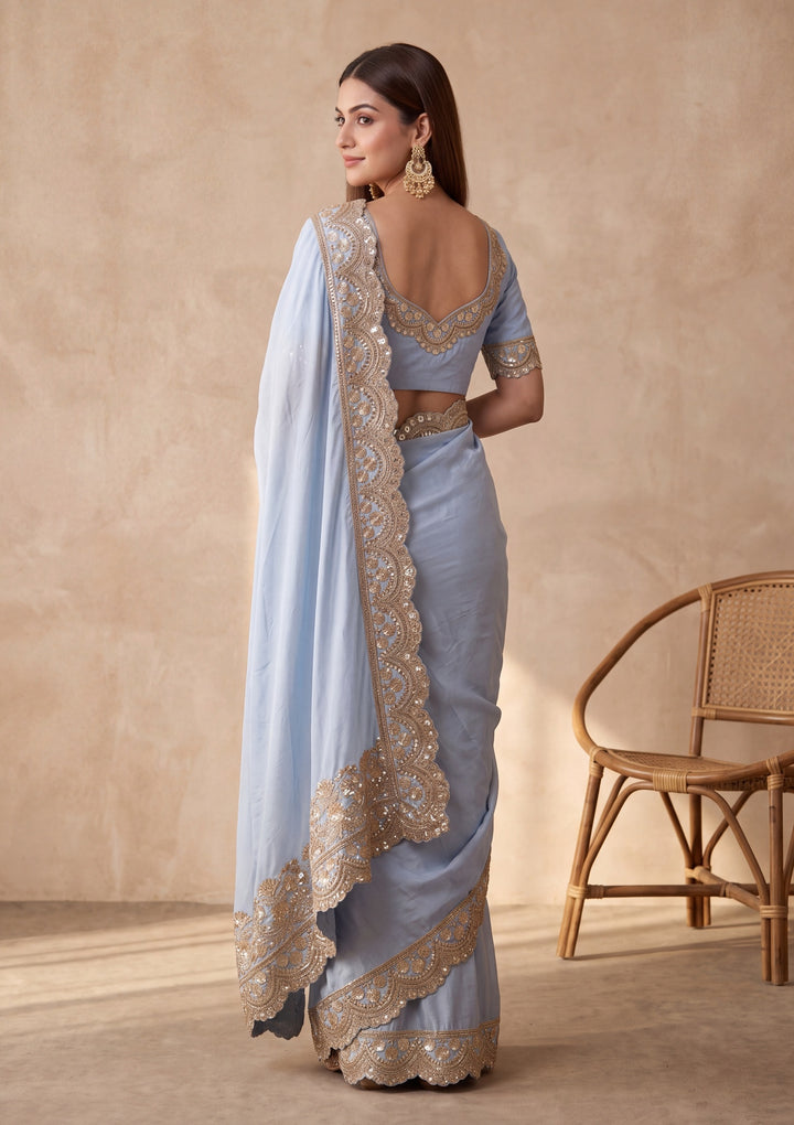 Sky Blue Crepe Sequins Saree With Matching Blouse Piece