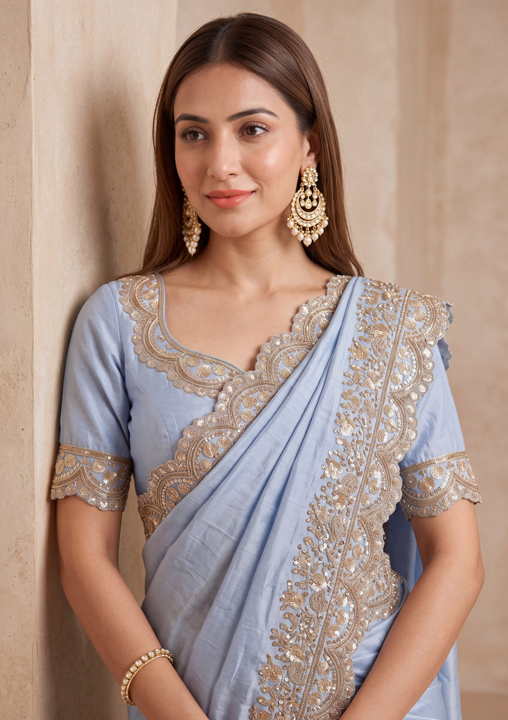 Sky Blue Crepe Sequins Saree With Matching Blouse Piece