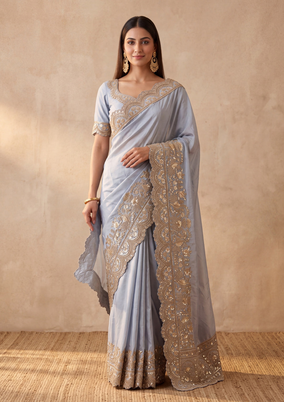 Sky Blue Crepe Sequins Saree With Matching Blouse Piece