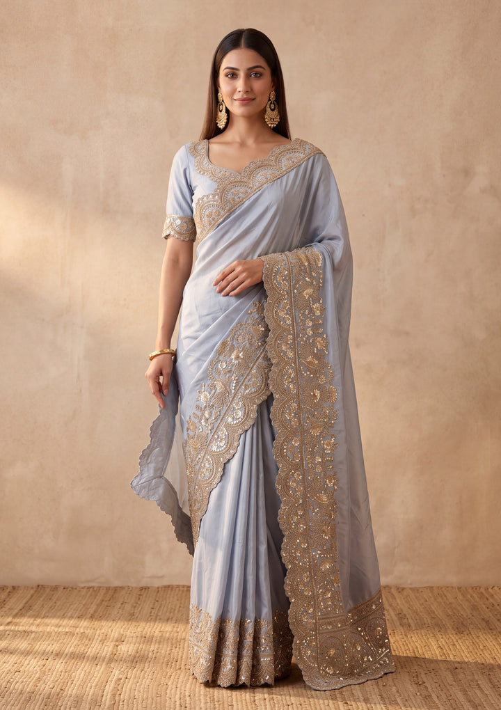 Sky Blue Crepe Sequins Saree With Matching Blouse Piece