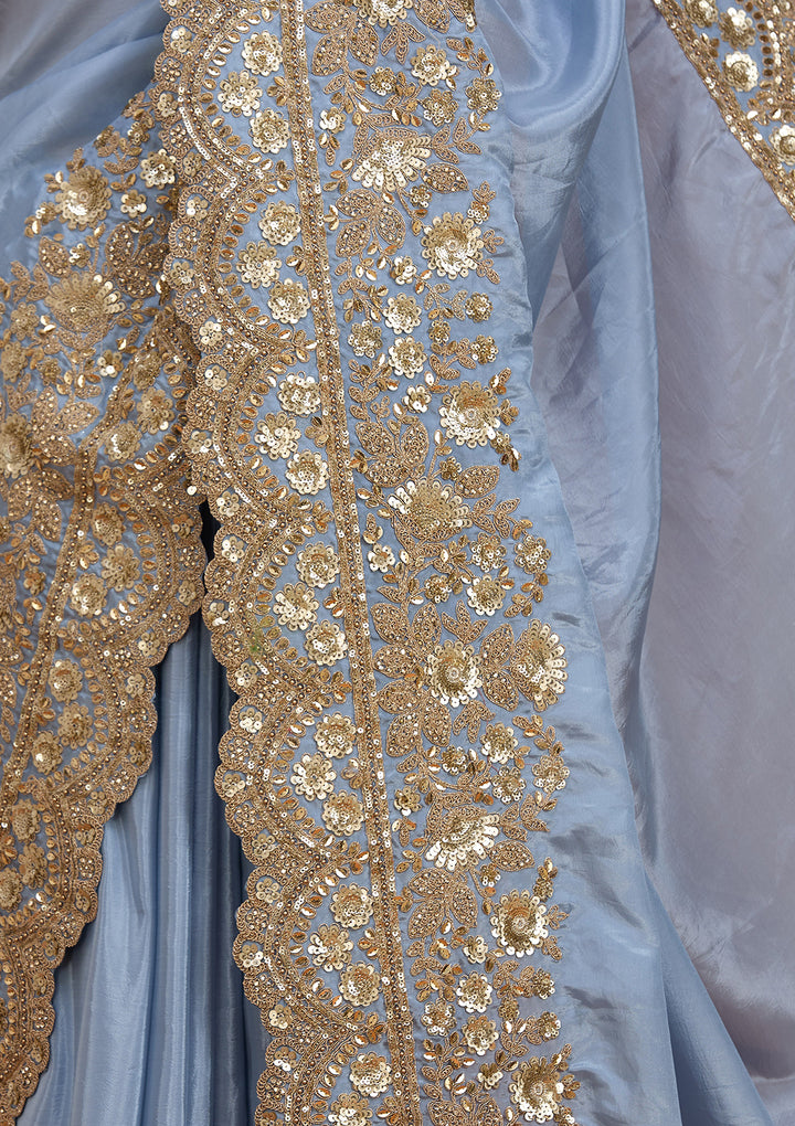 Sky Blue Crepe Sequins Saree With Matching Blouse Piece