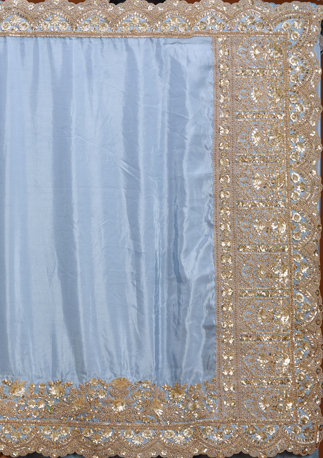 Sky Blue Crepe Sequins Saree With Matching Blouse Piece