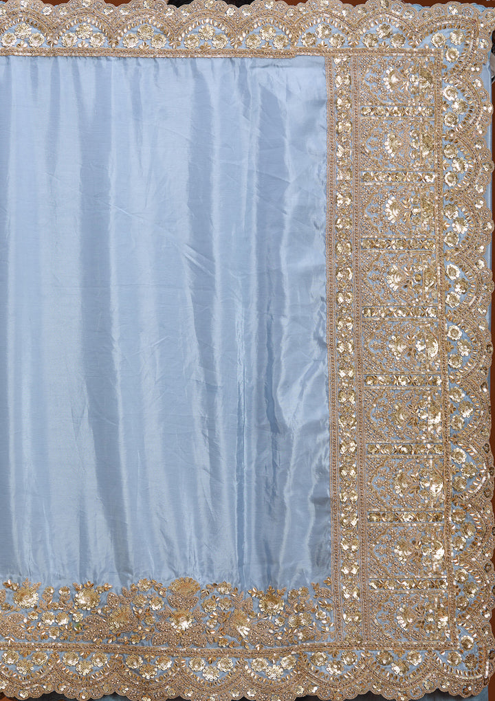 Sky Blue Crepe Sequins Saree With Matching Blouse Piece