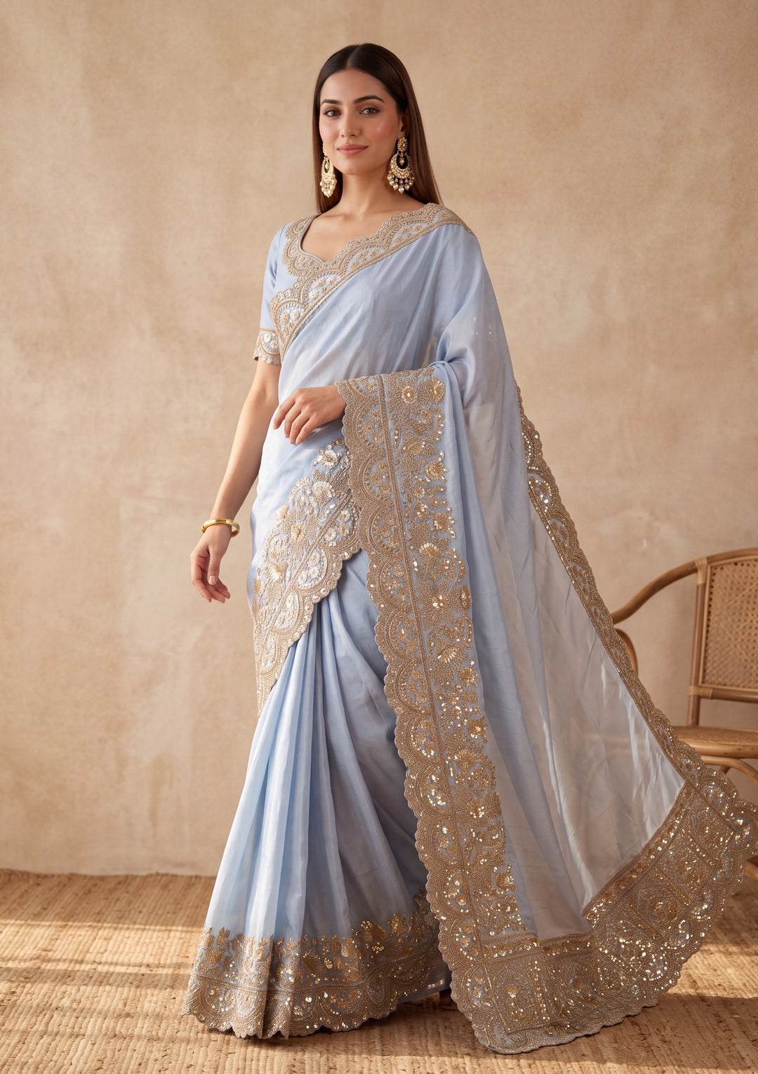 Sky Blue Crepe Sequins Saree With Matching Blouse Piece