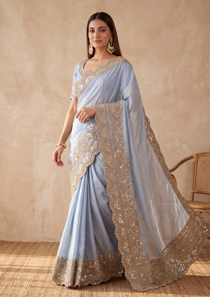 Sky Blue Crepe Sequins Saree With Matching Blouse Piece
