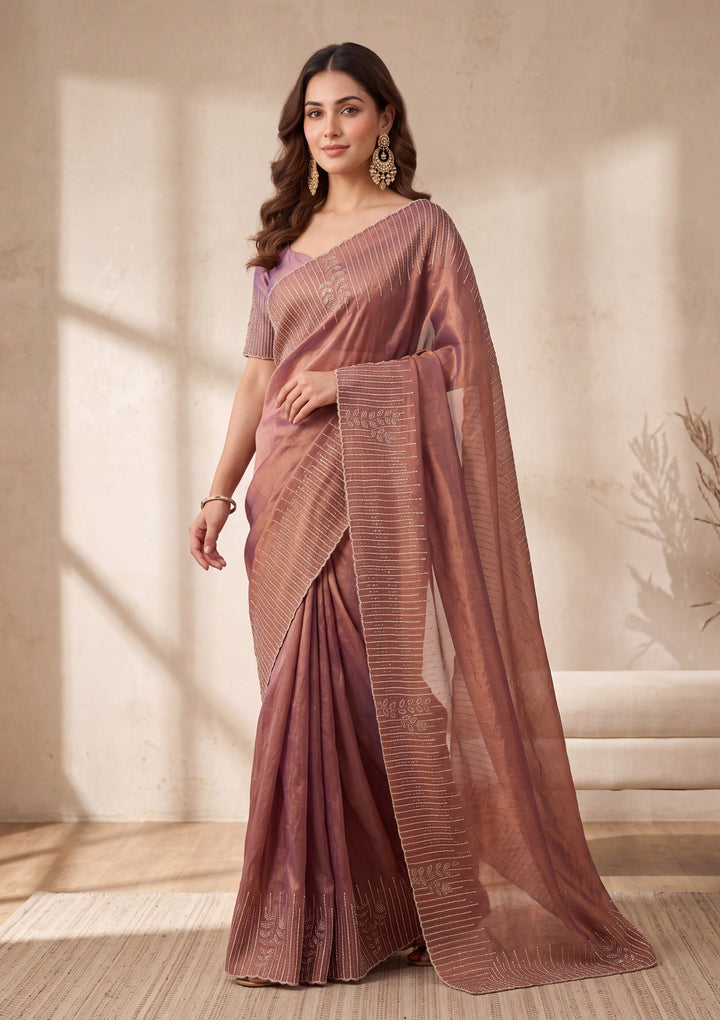 Copper Satin Gold Stonework Saree With Matching Blouse Piece