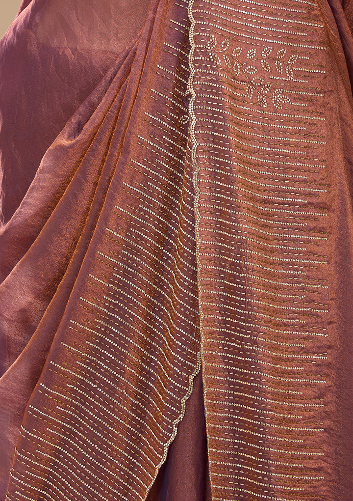 Copper Satin Gold Stonework Saree With Matching Blouse Piece