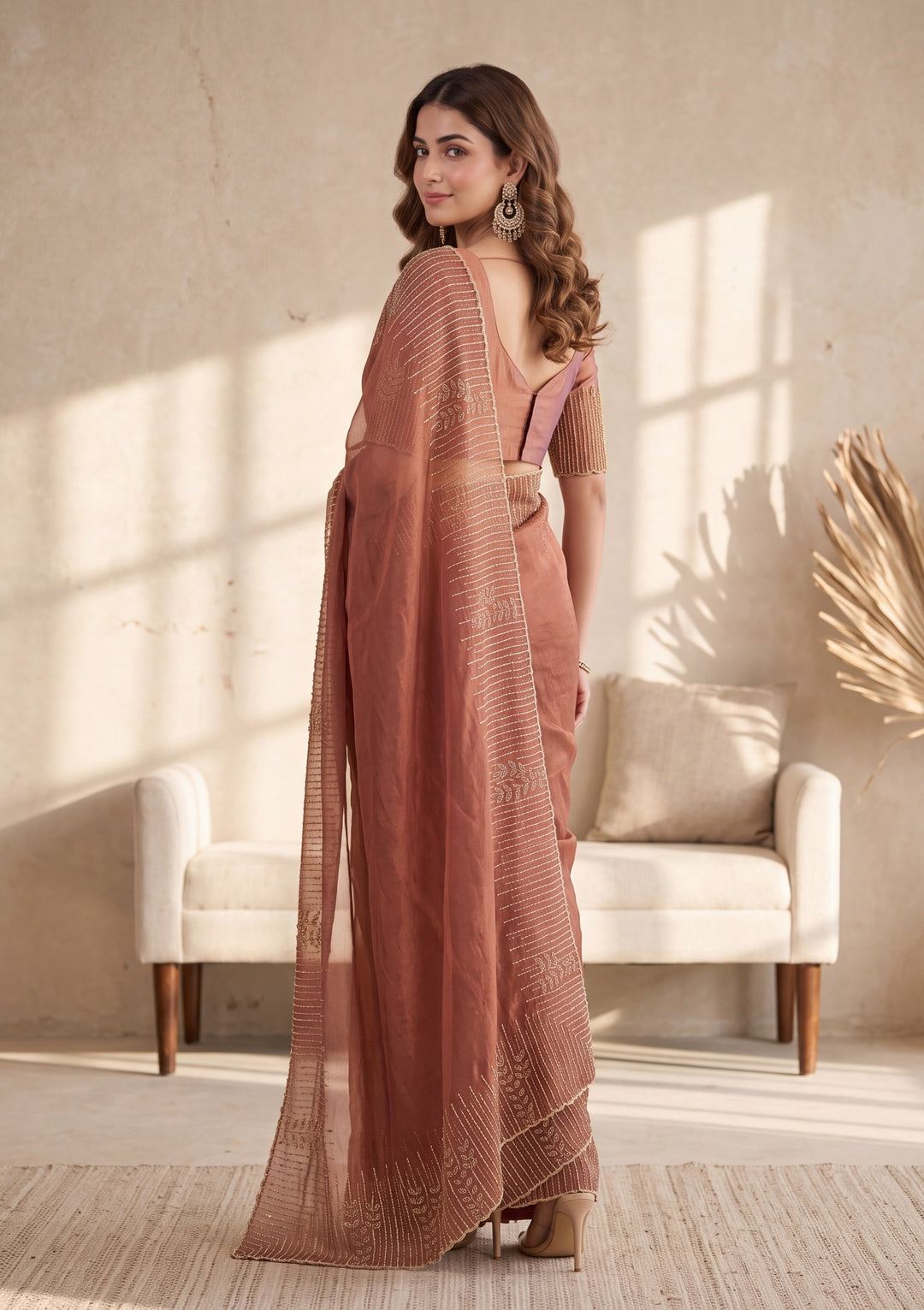 Copper Satin Gold Stonework Saree With Matching Blouse Piece
