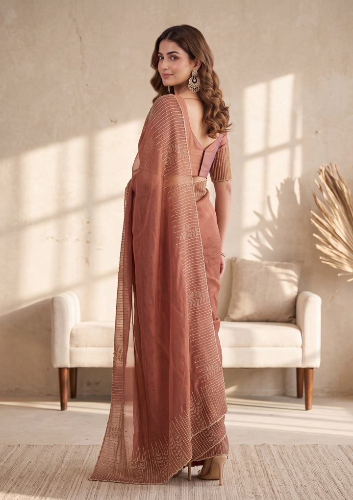 Copper Satin Gold Stonework Saree With Matching Blouse Piece