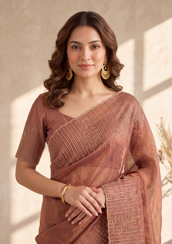 Copper Satin Gold Stonework Saree With Matching Blouse Piece