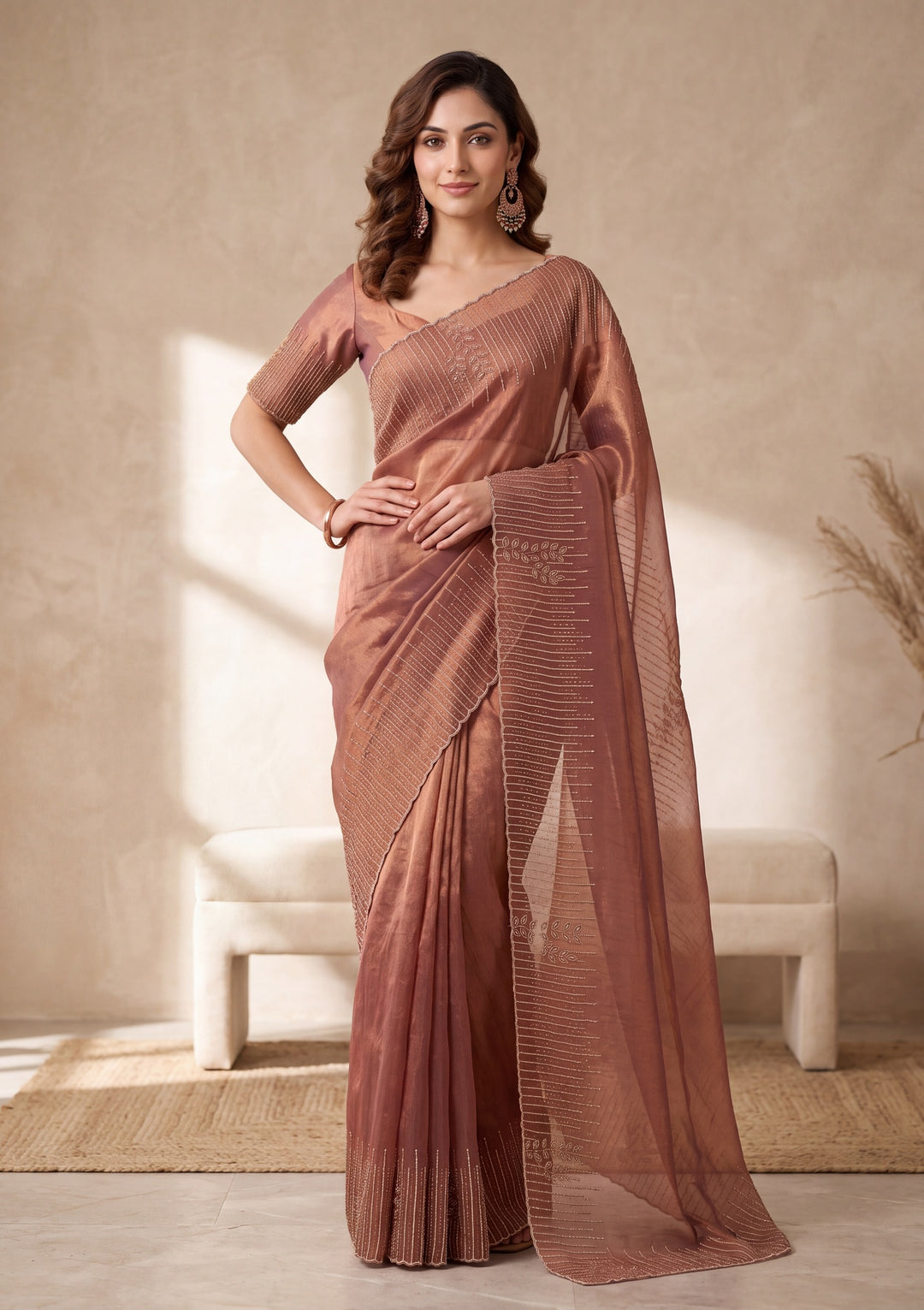 Copper Satin Gold Stonework Saree With Matching Blouse Piece
