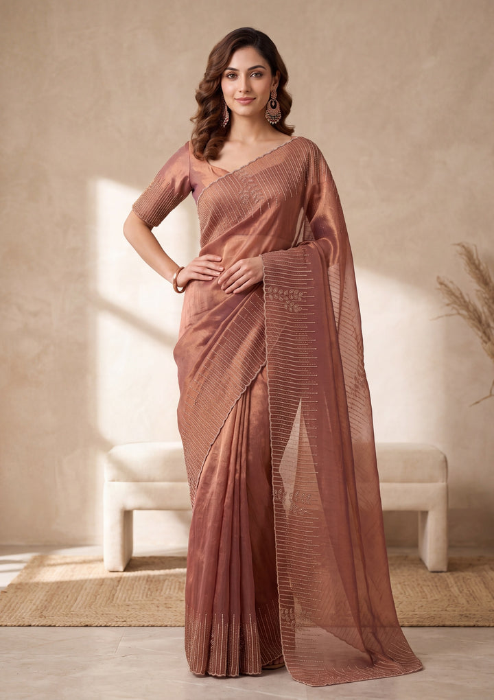Copper Satin Gold Stonework Saree With Matching Blouse Piece