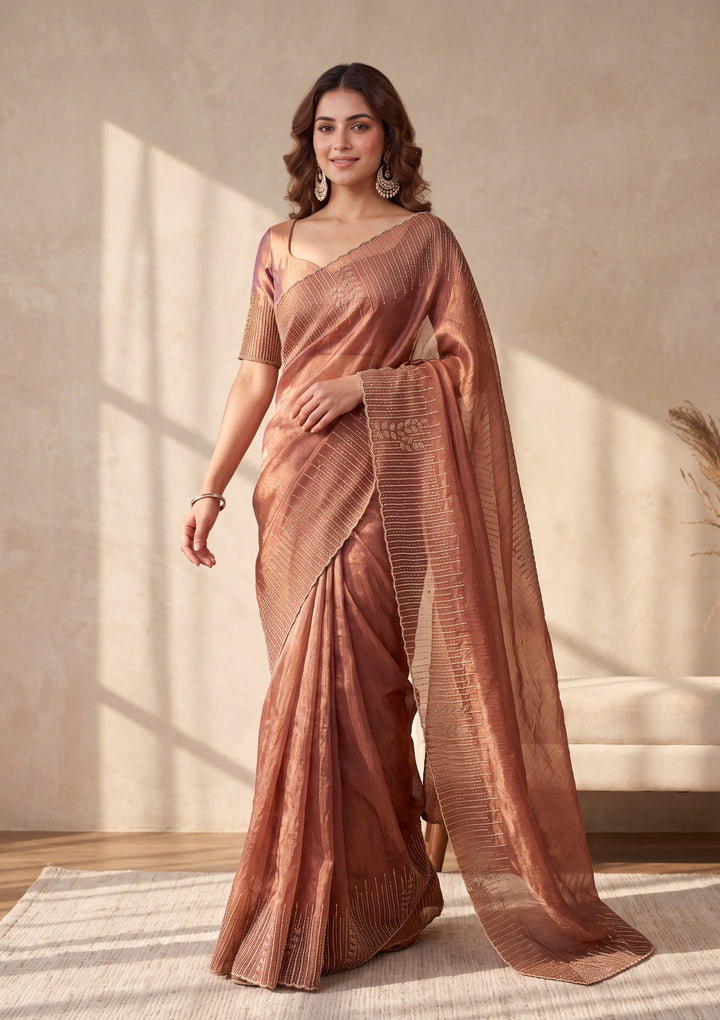Copper Satin Gold Stonework Saree With Matching Blouse Piece