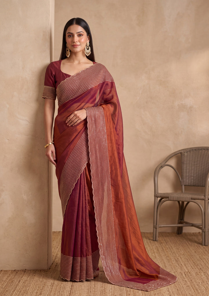 Rust Tissue Gold Stonework Saree With Matching Blouse Piece
