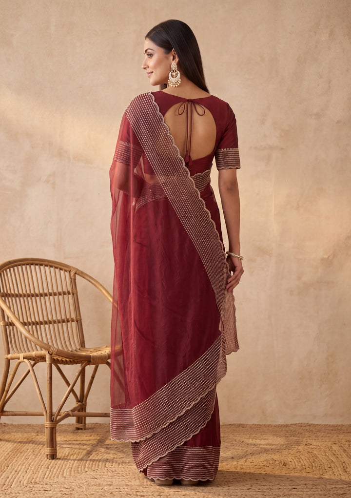 Rust Tissue Gold Stonework Saree With Matching Blouse Piece
