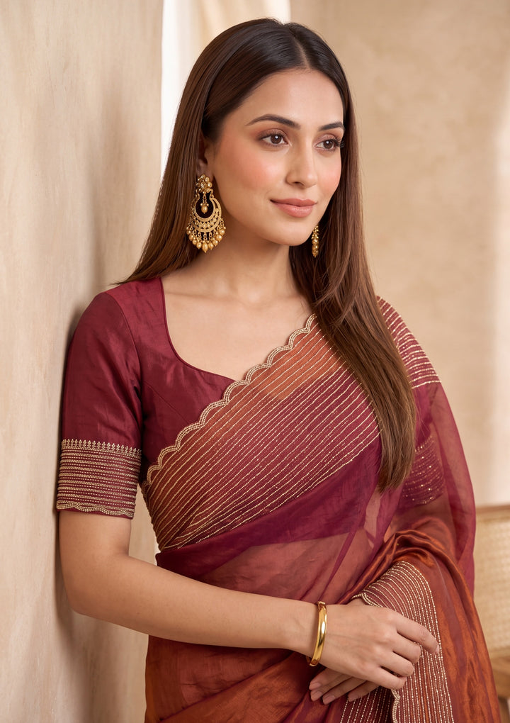 Rust Tissue Gold Stonework Saree With Matching Blouse Piece