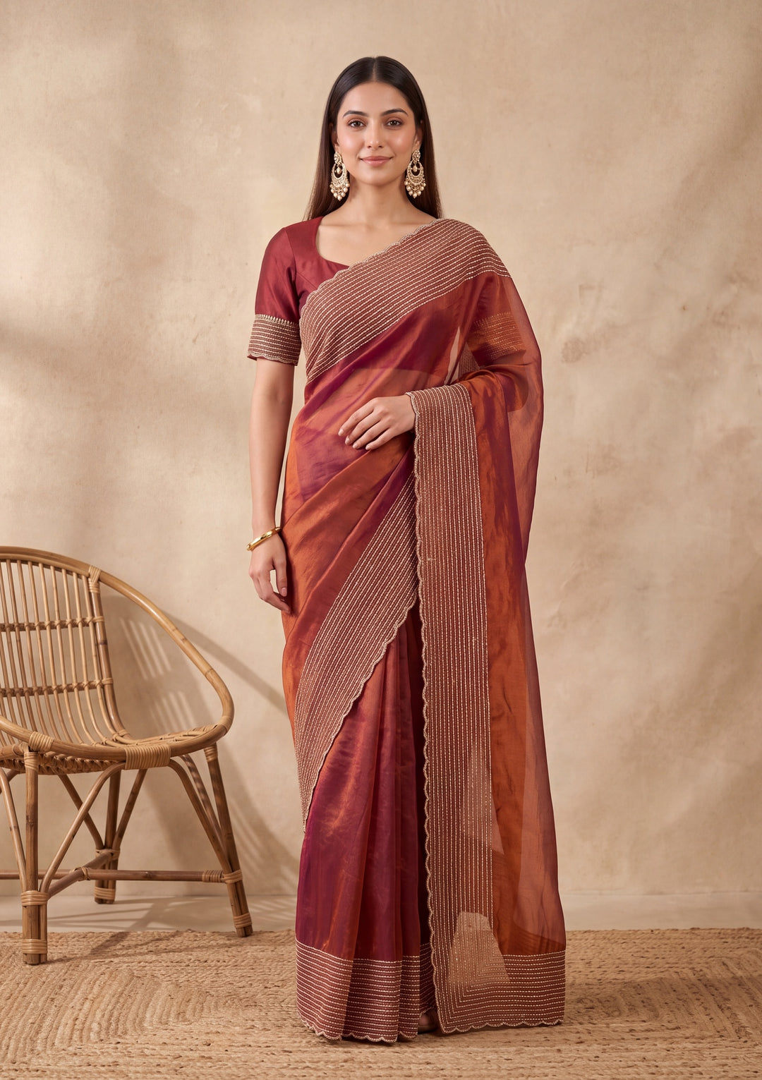 Rust Tissue Gold Stonework Saree With Matching Blouse Piece