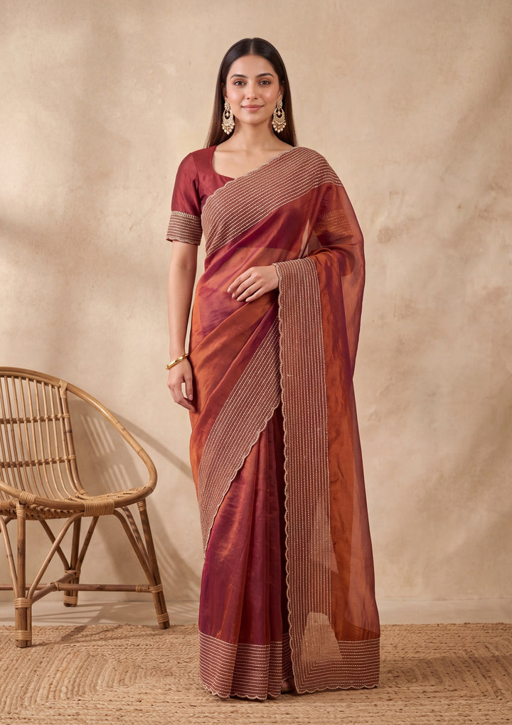 Rust Tissue Gold Stonework Saree With Matching Blouse Piece
