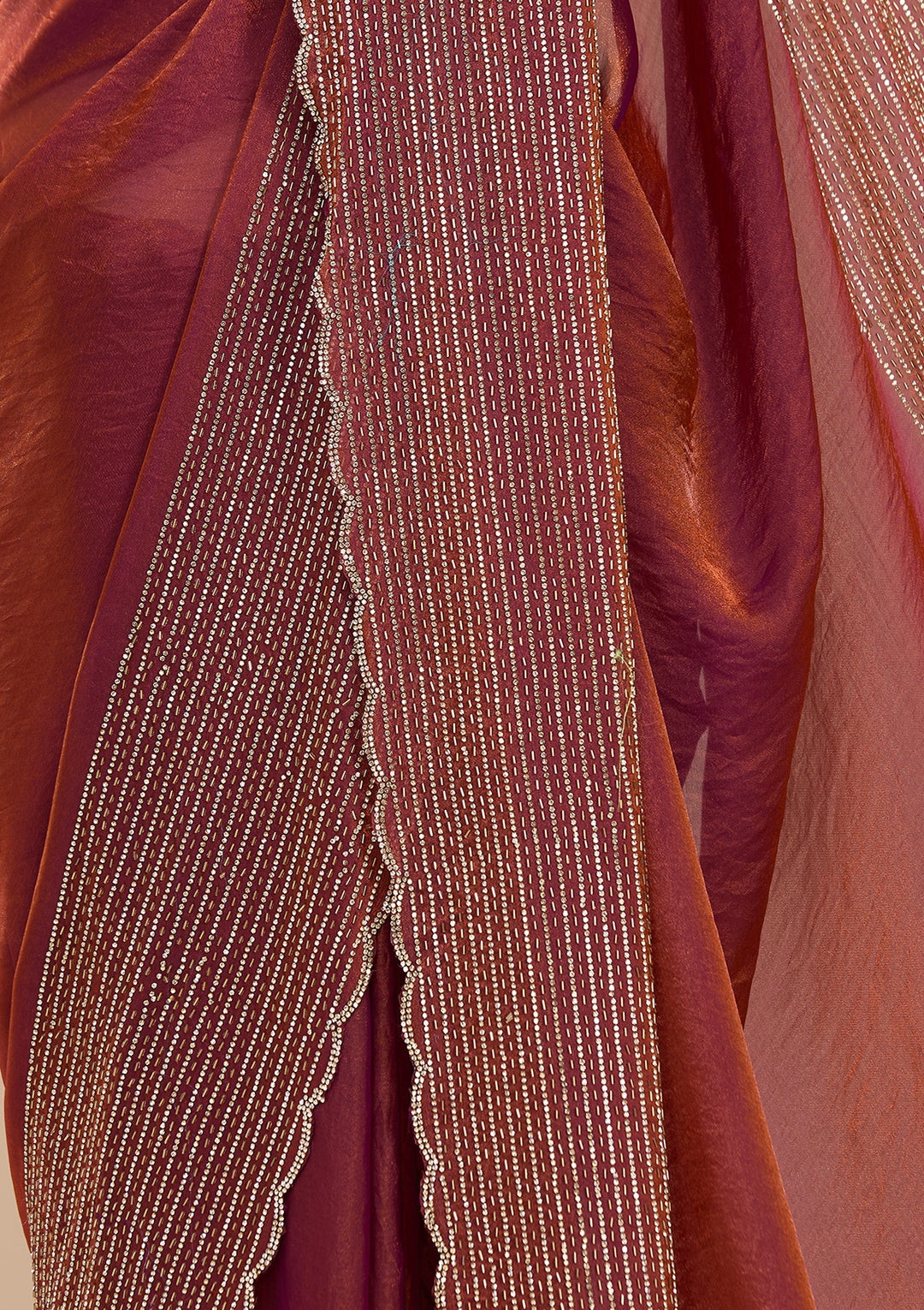 Rust Tissue Gold Stonework Saree With Matching Blouse Piece