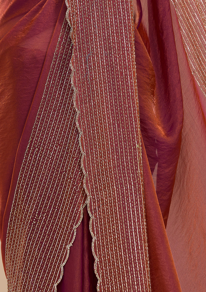 Rust Tissue Gold Stonework Saree With Matching Blouse Piece