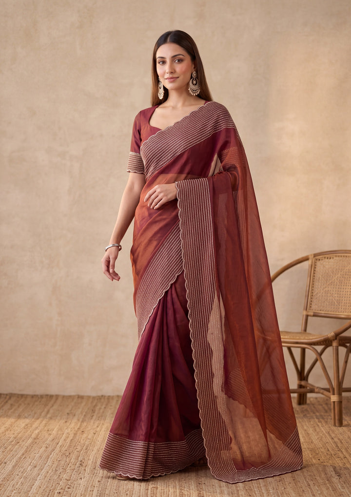 Rust Tissue Gold Stonework Saree With Matching Blouse Piece