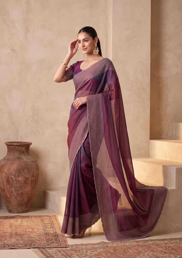 Wine Tissue Gold Stonework Saree With Matching Blouse Piece