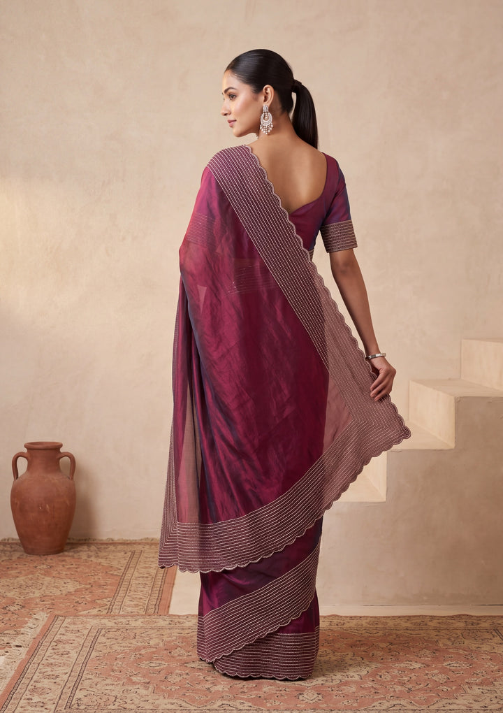 Wine Tissue Gold Stonework Saree With Matching Blouse Piece