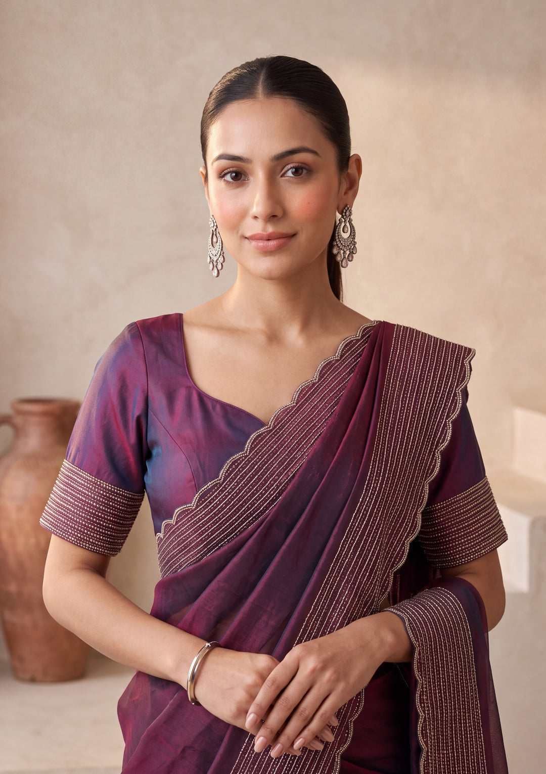 Wine Tissue Gold Stonework Saree With Matching Blouse Piece