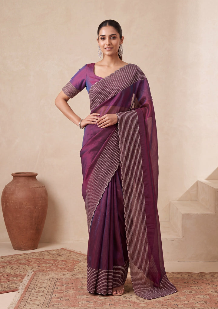 Wine Tissue Gold Stonework Saree With Matching Blouse Piece