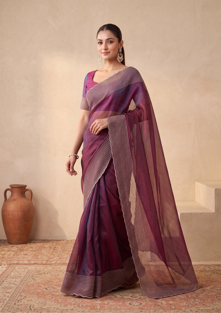 Wine Tissue Gold Stonework Saree With Matching Blouse Piece