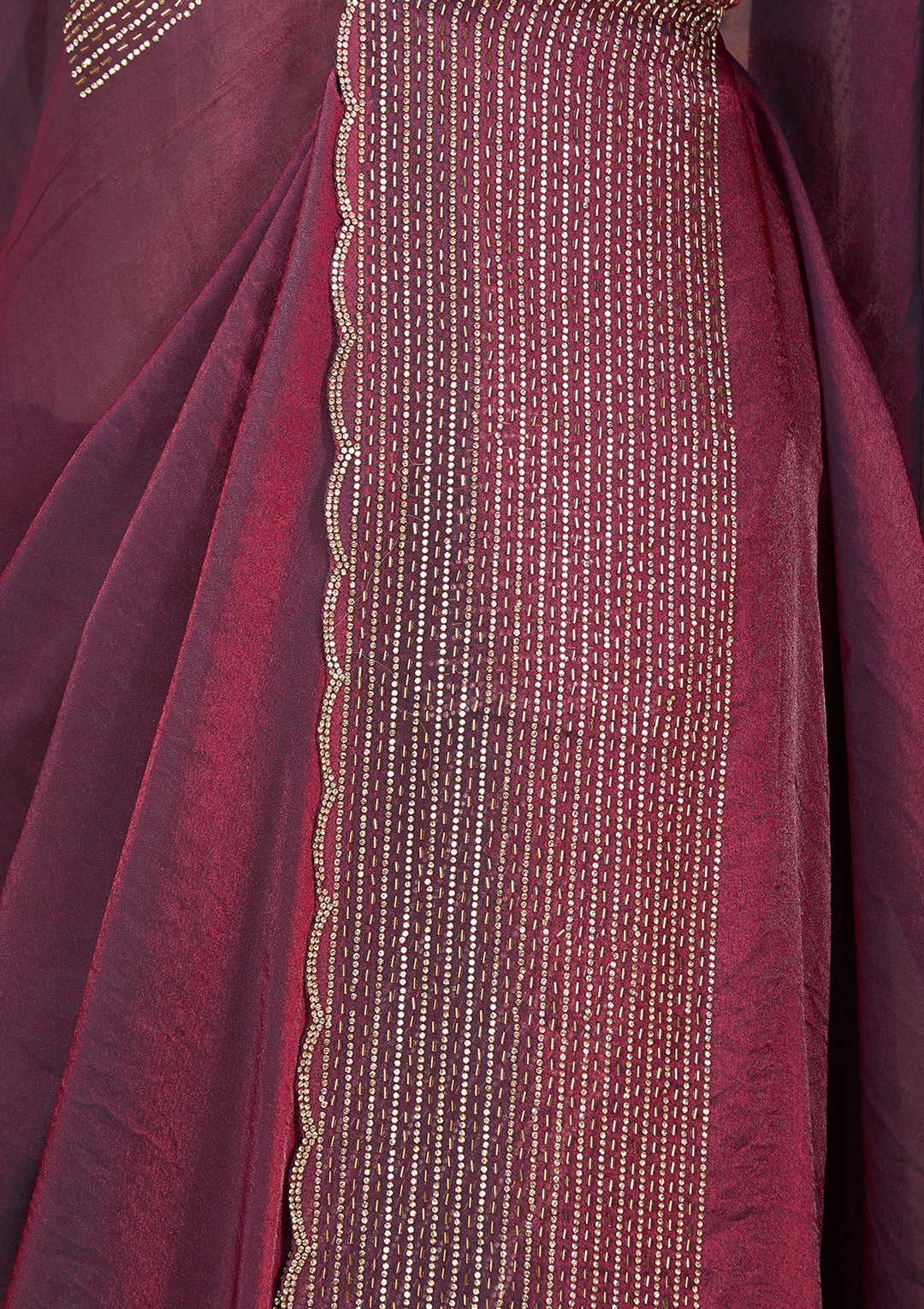 Wine Tissue Gold Stonework Saree With Matching Blouse Piece