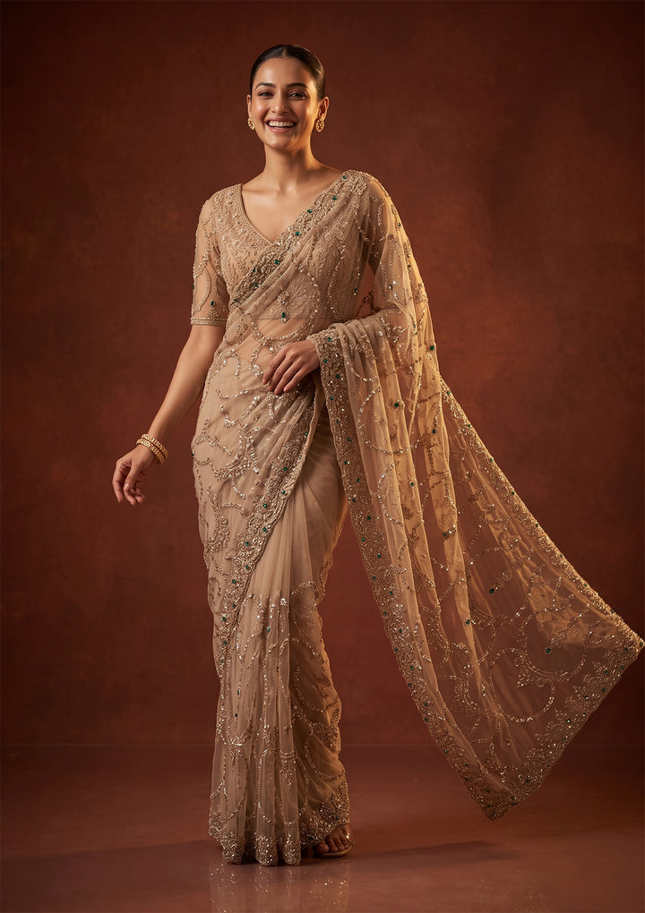 Beige Cutdana Net Saree
