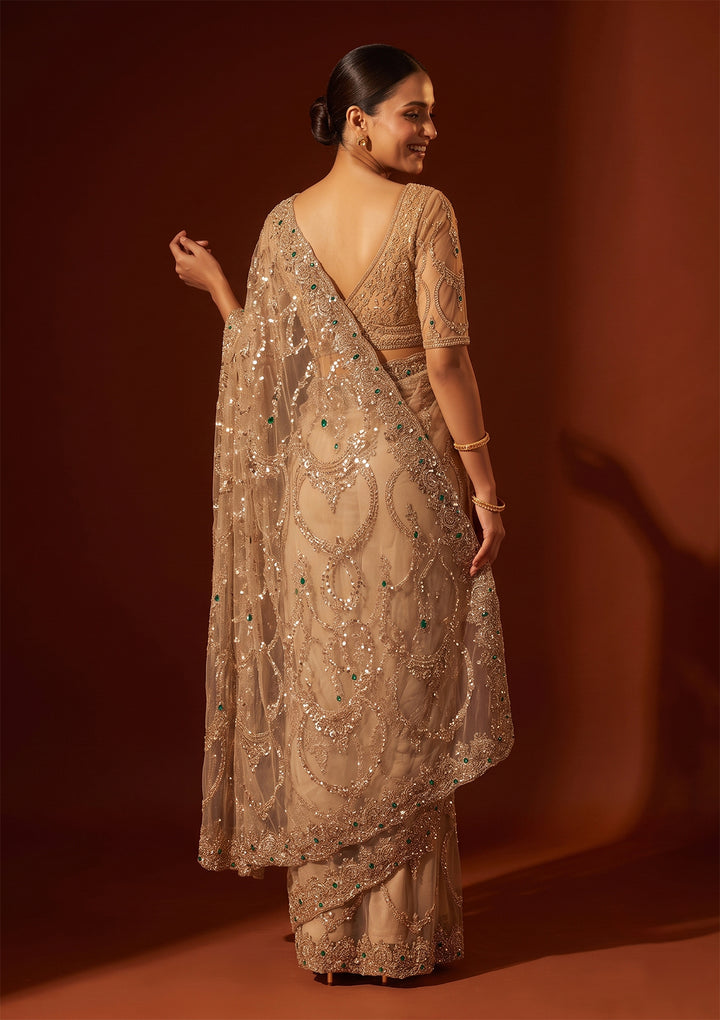 Beige Cutdana Net Saree