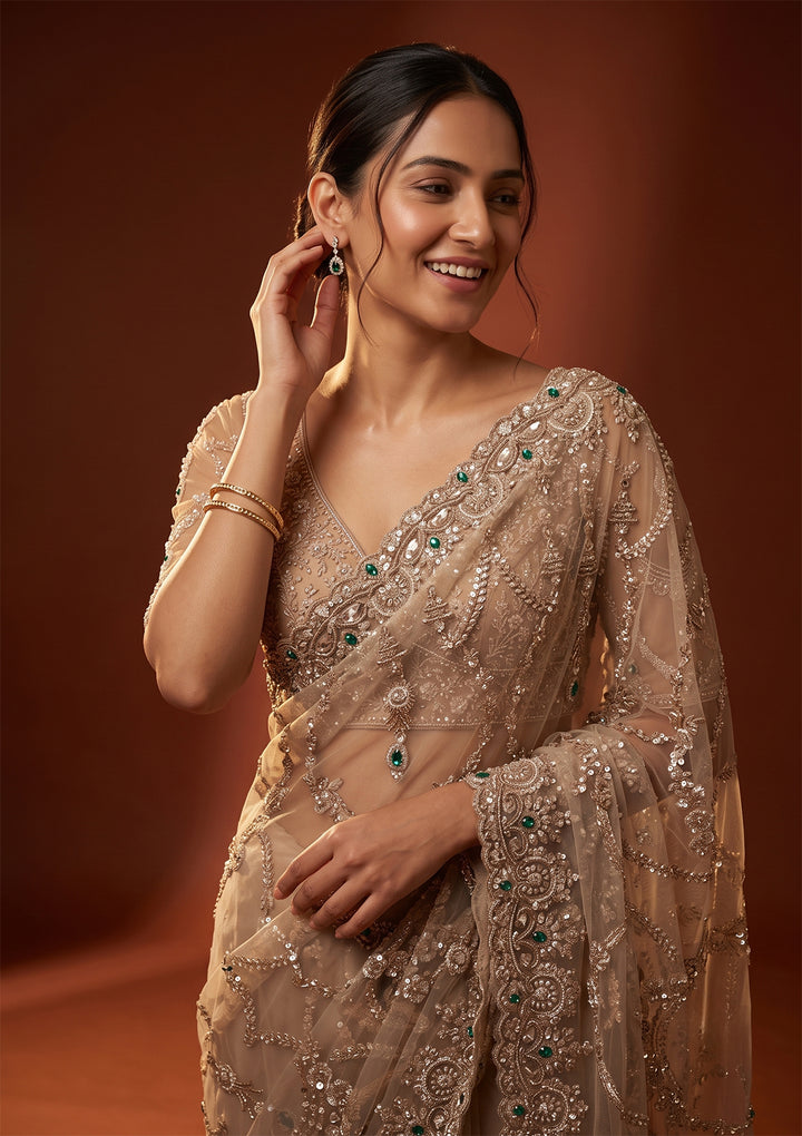 Beige Cutdana Net Saree