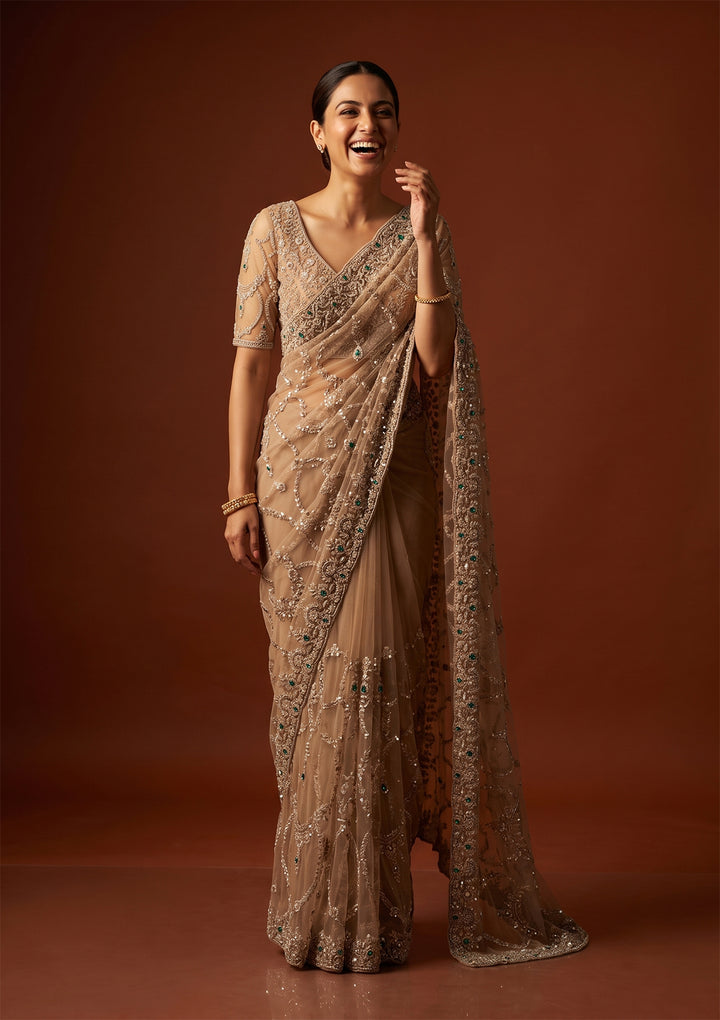 Beige Cutdana Net Saree