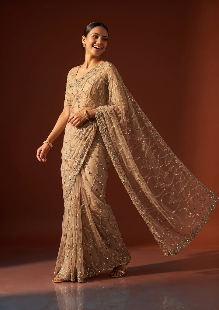 Beige Cutdana Net Saree
