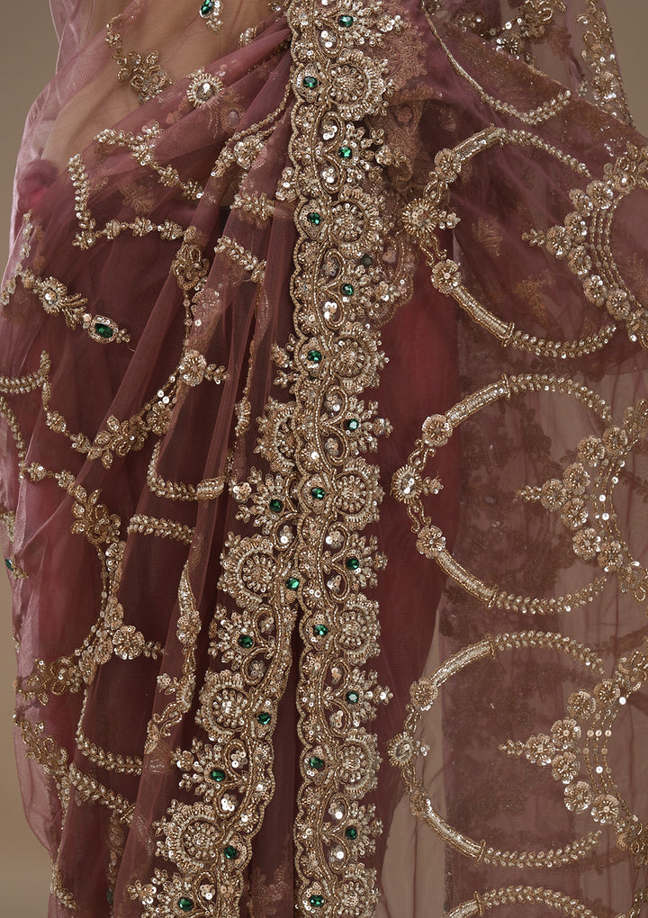 Onion Pink Cutdana Net Saree