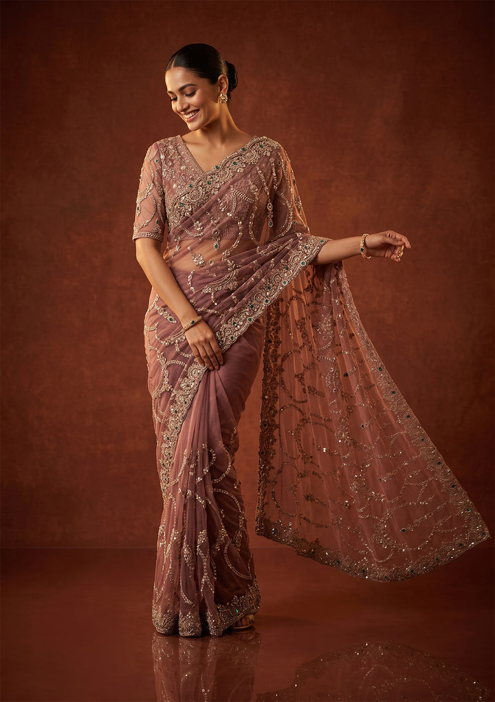 Onion Pink Cutdana Net Saree
