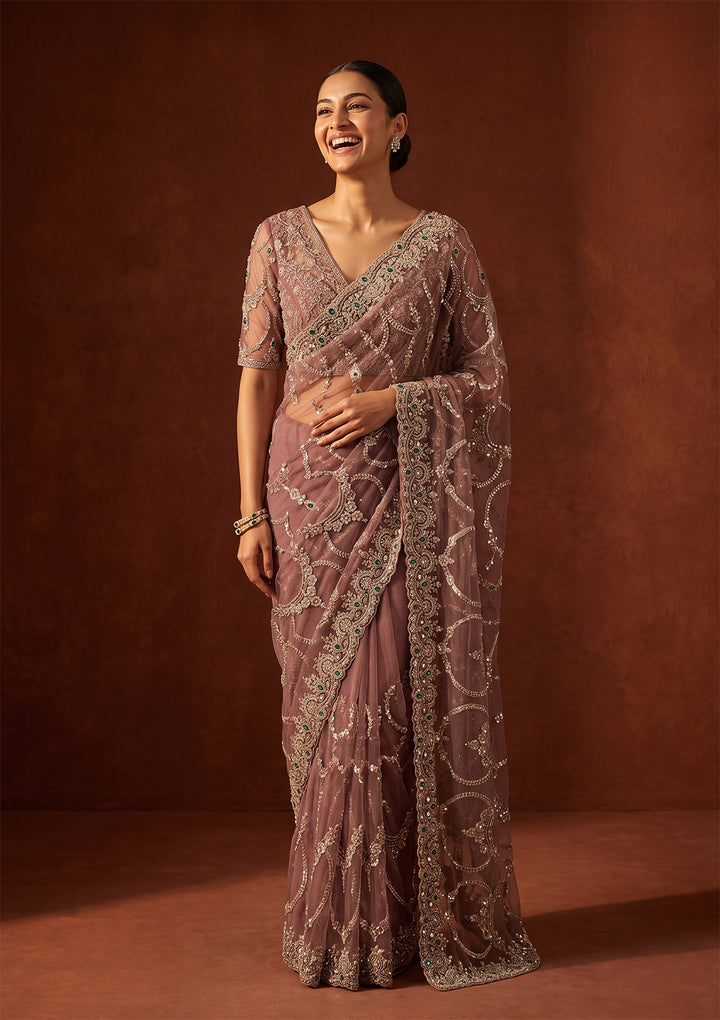 Onion Pink Cutdana Net Saree