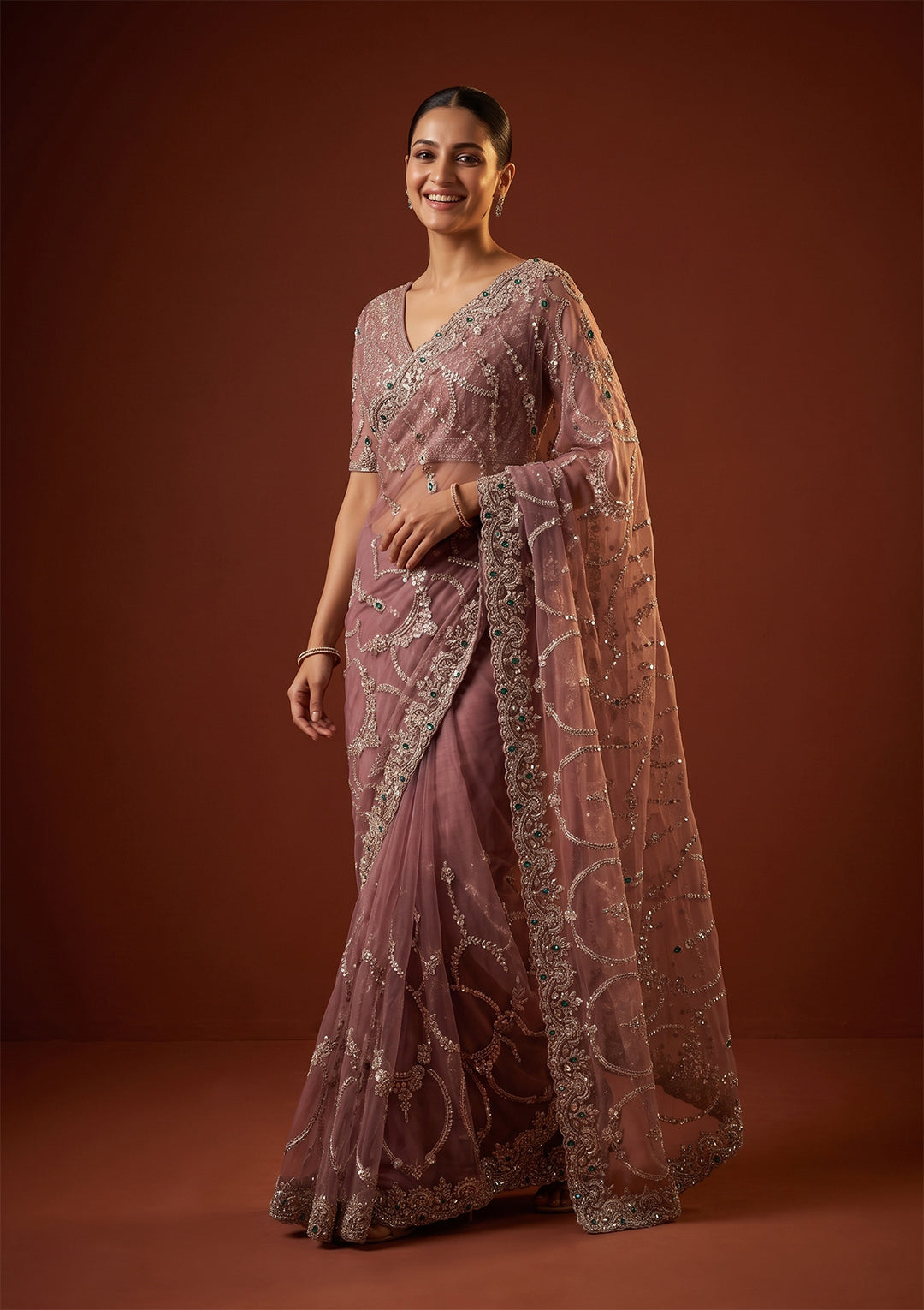Onion Pink Cutdana Net Saree