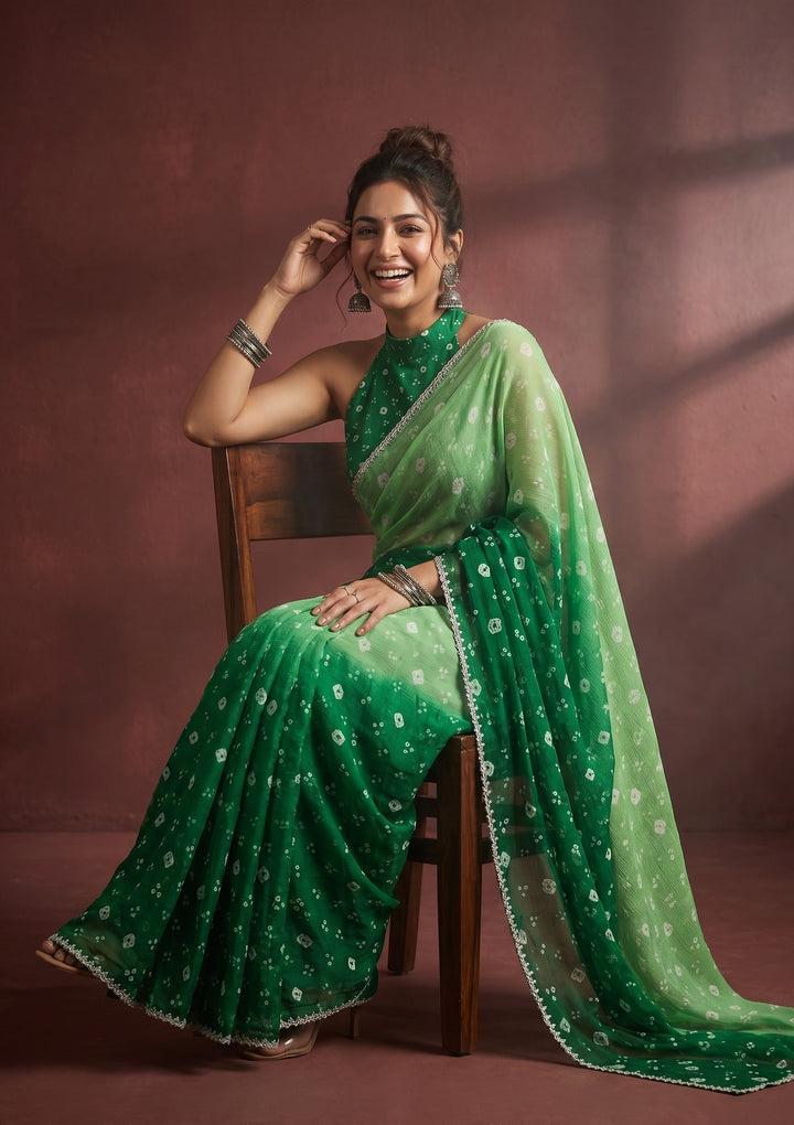 Leaf Green Stonework (Silver) Chiffon Saree