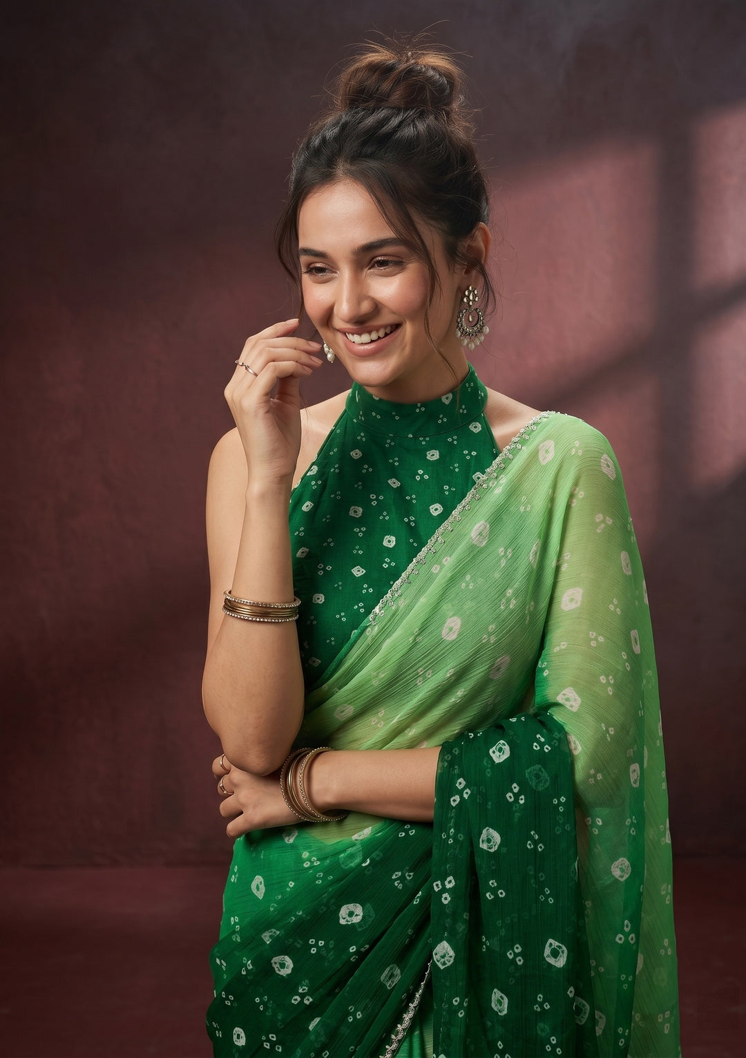 Leaf Green Stonework (Silver) Chiffon Saree