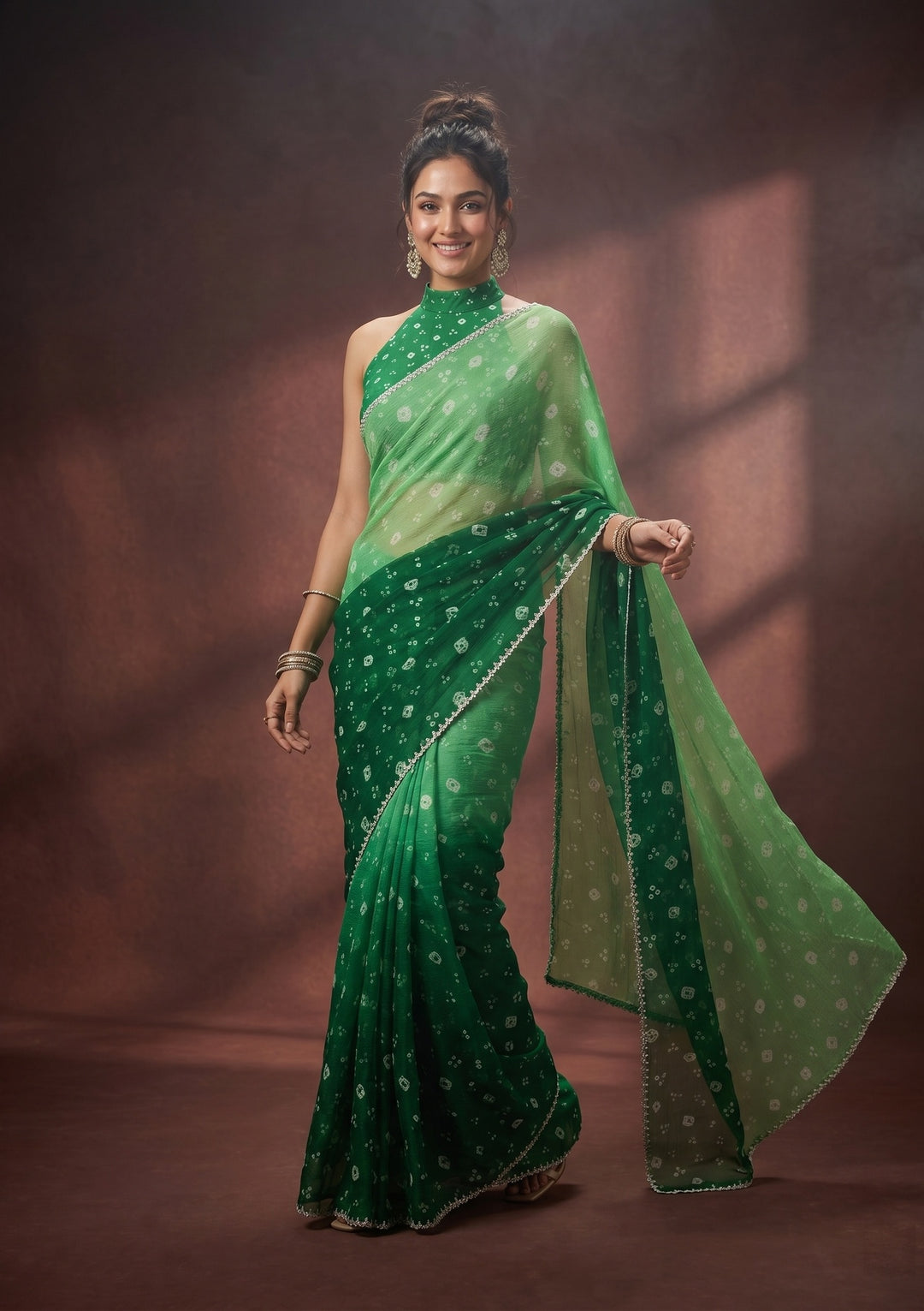 Leaf Green Stonework (Silver) Chiffon Saree
