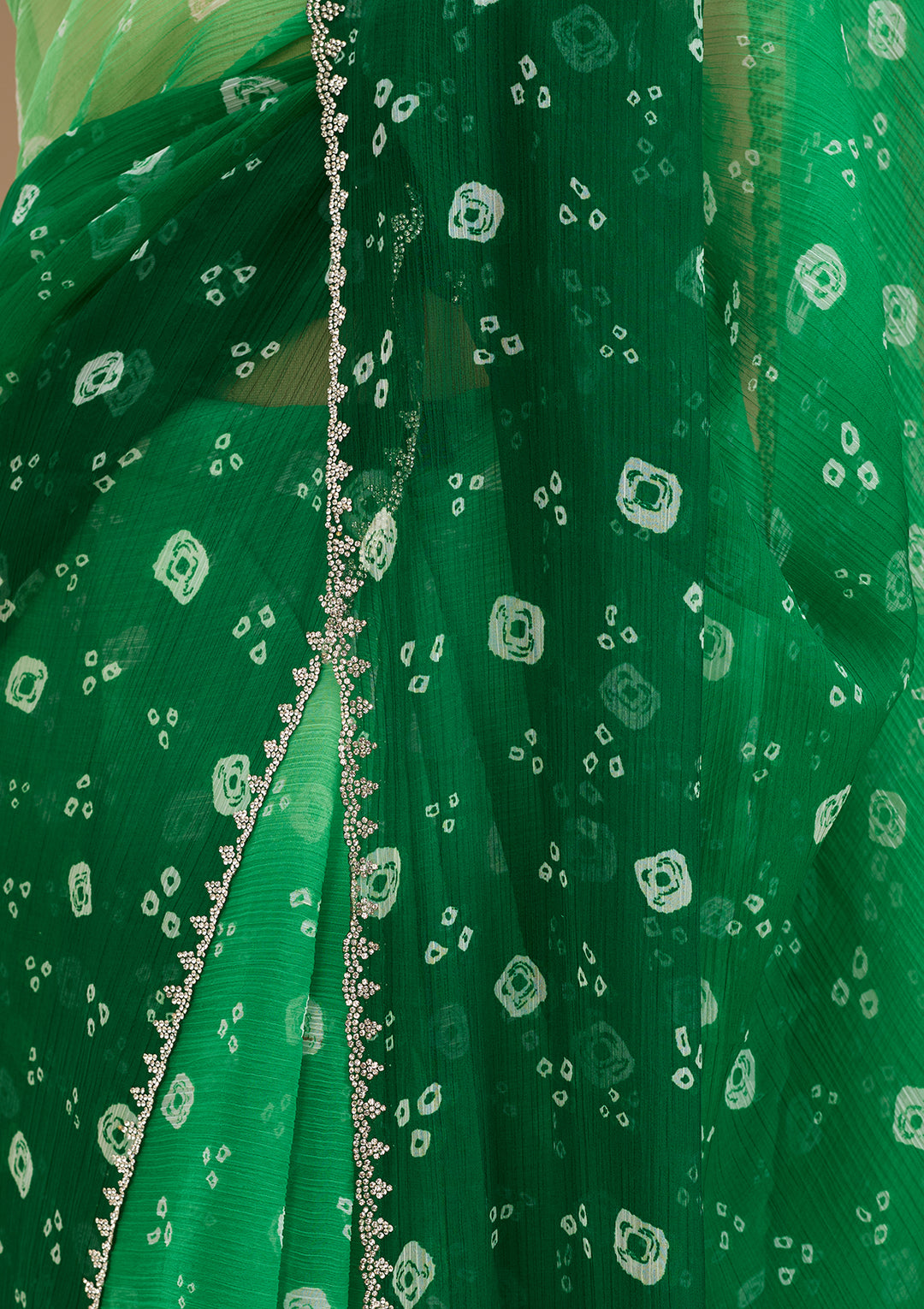 Leaf Green Stonework (Silver) Chiffon Saree